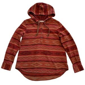 Woolrich Red Rust Southwest Aztec Print Boho Hooded Pullover Tunic Top Size XS